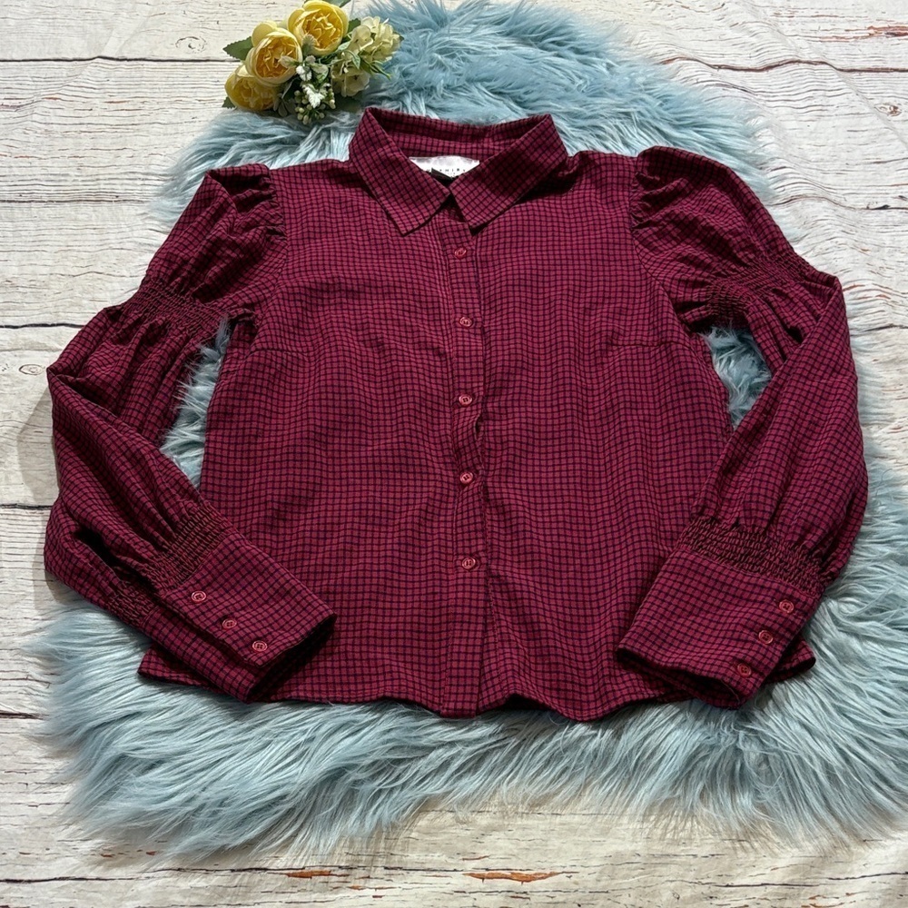 The Shirt by Rochelle Behrens Puff Sleeve Check Button Down Shirt sz S